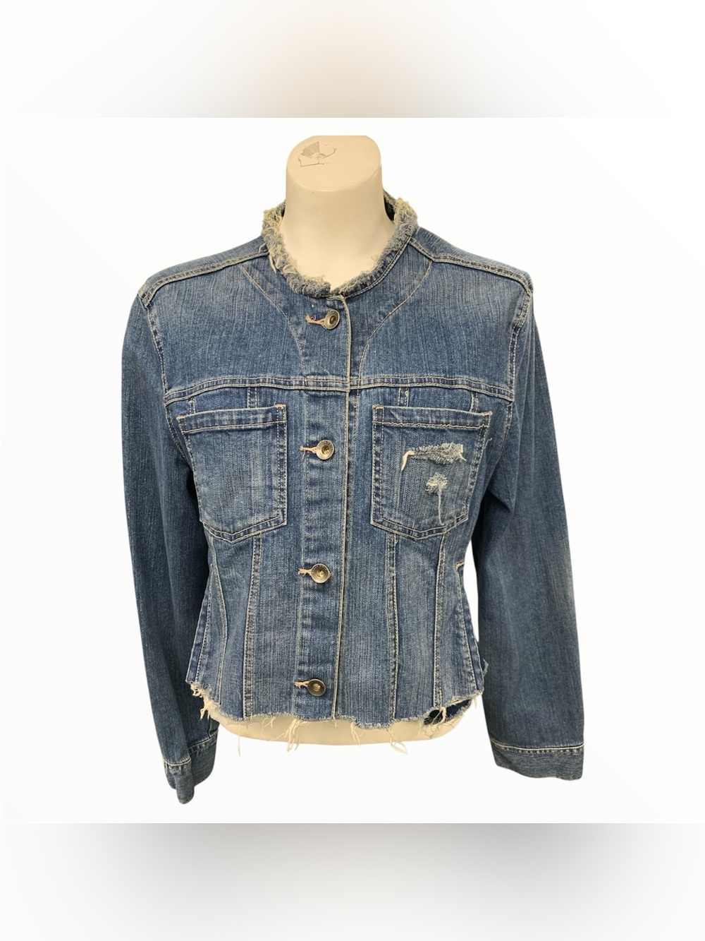 Code Bleu Frayed-Trim Blue Denim Jacket Size L